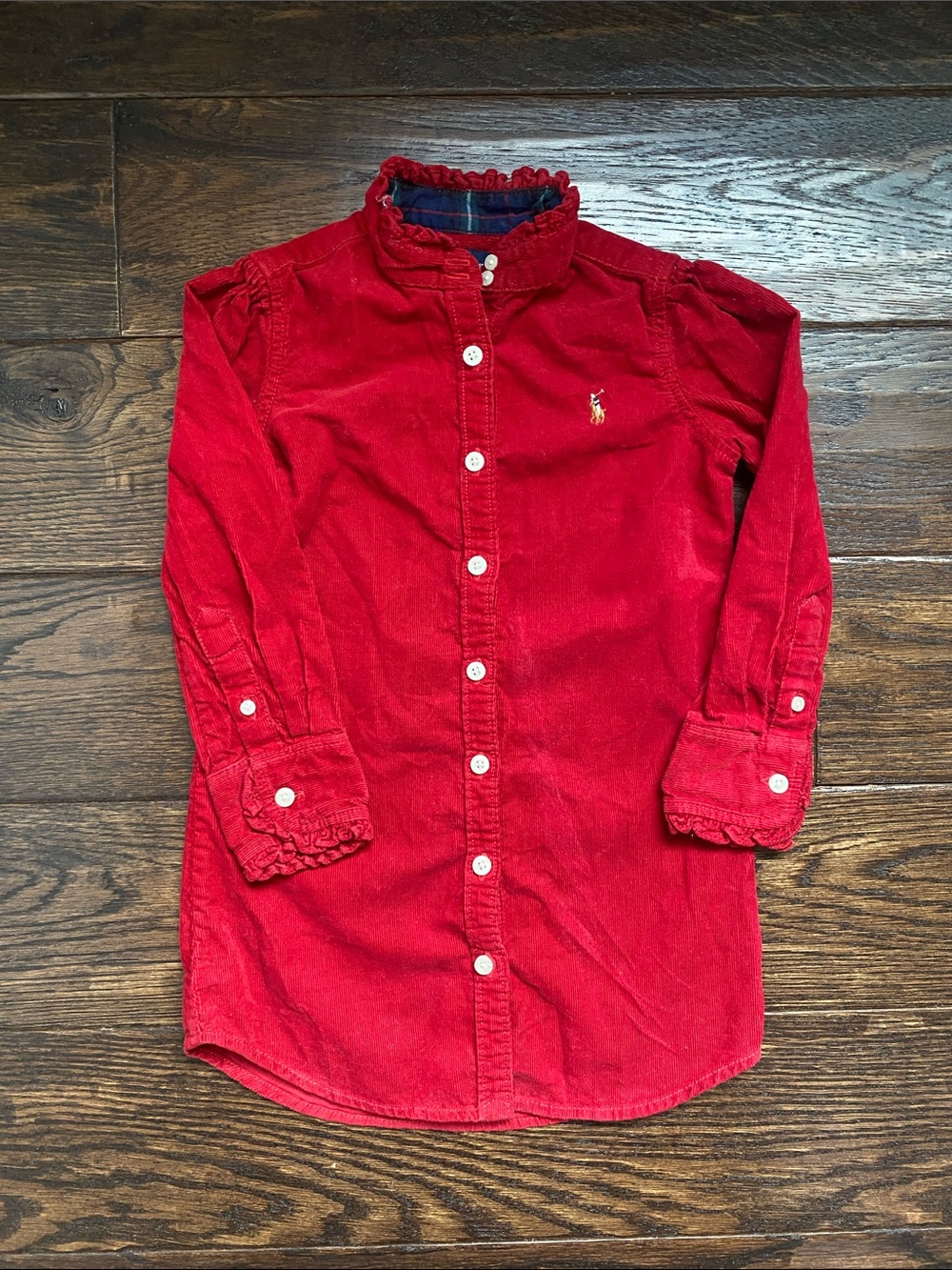 Ralph Lauren Red Corduroy Ruffle-Trim Shirt Dress